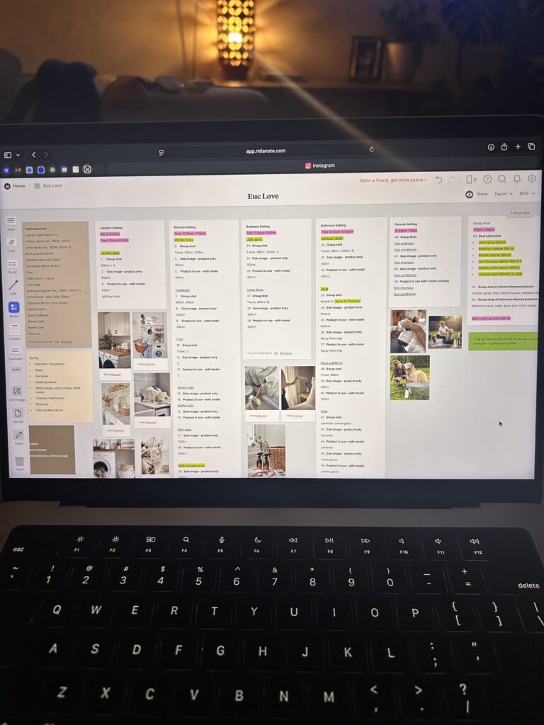 Detailed shot list for upcoming Euclove branding shoot.