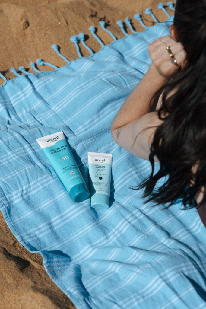 WotNot Naturals branding shoot showing the prop of a blue beach towel