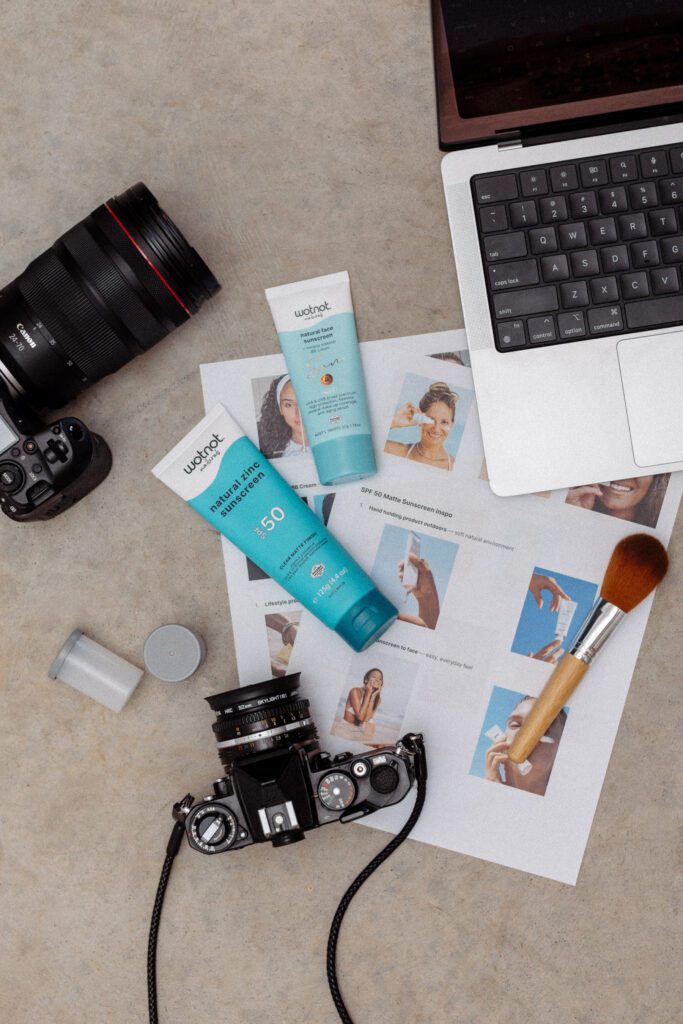 Flat lay of of the planning process for WotNot naturals branding shoot